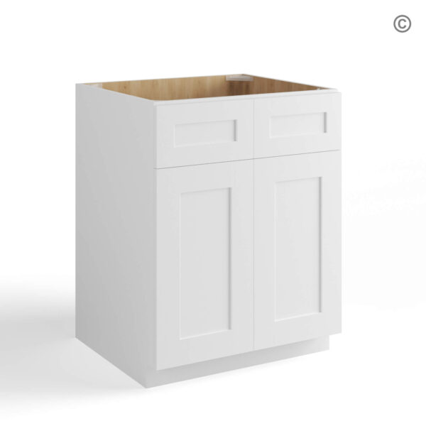 shaker white sink base with two dummy drawers closed, rta cabinets