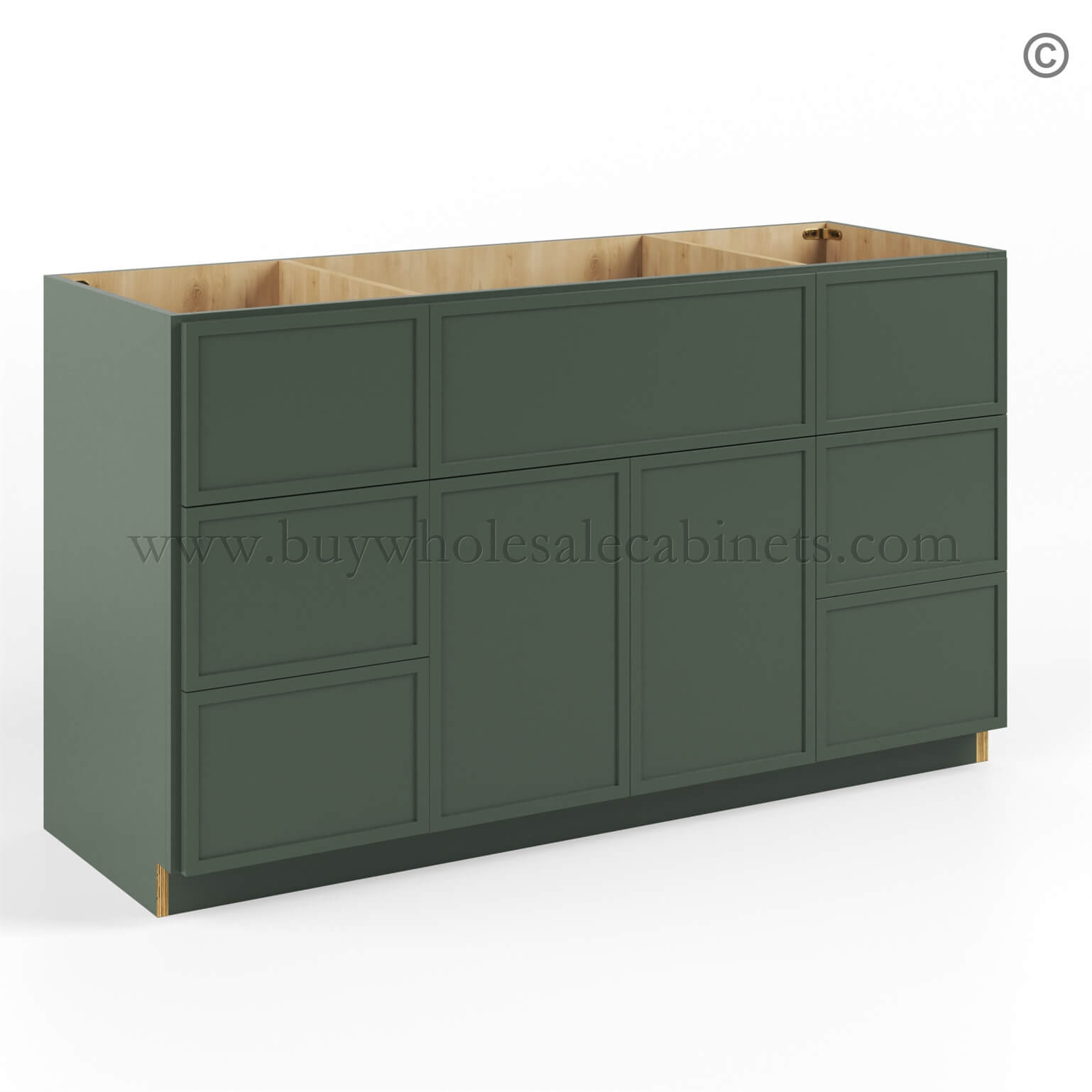 62 slim-shaker-green-vanity-sink-base-combo-with-three-drawer-left-and-right-and-sink-centered-closed (1) Slim Shaker Green Vanity Sink Base Combo 60"W - Image 1