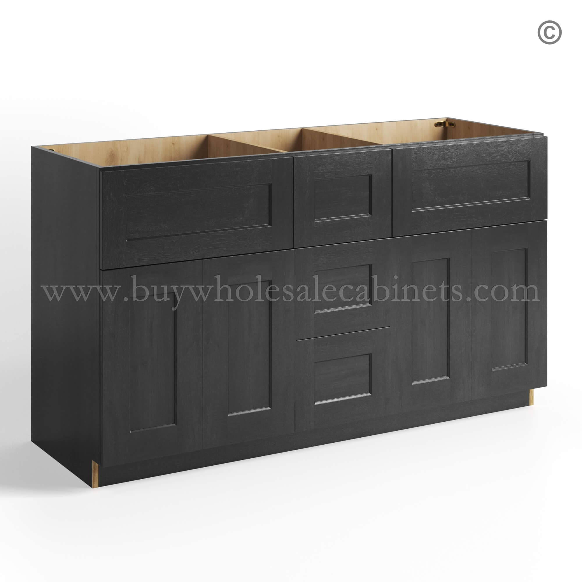 63-charcoal-black-shaker-vanity-sink-base-combo-with-three-drawer-middle-and-double-sink-closed Charcoal Black Shaker Vanity Sink Base Combo - Image 1