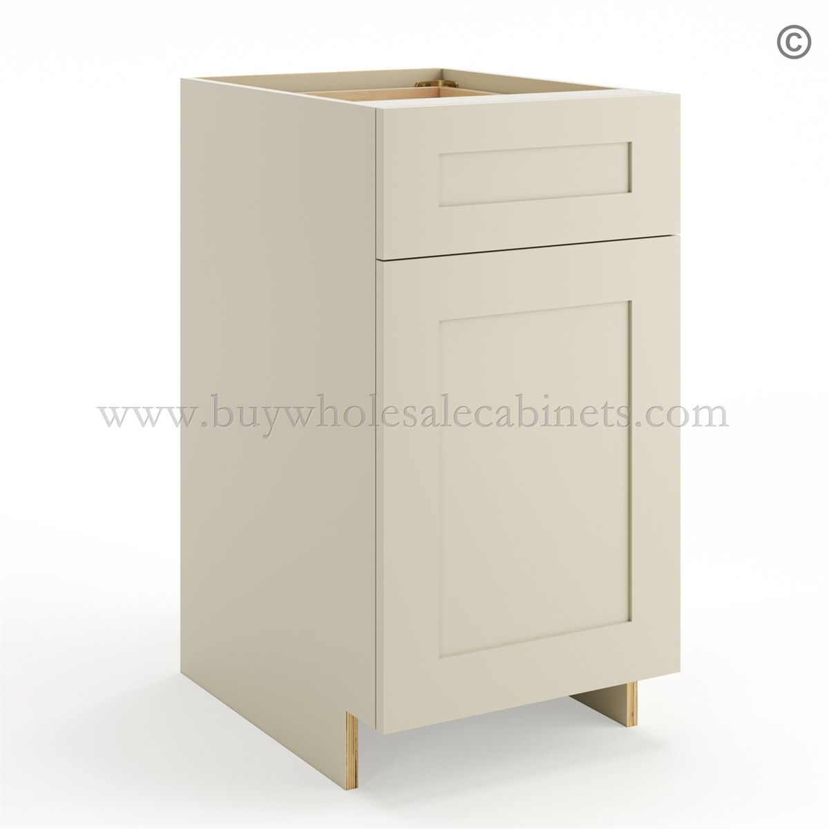 1-ivory-white-shaker-drawer-one-door-base-cabinet-closed Frameless Ivory White Base Cabinet - 1 Drawer, 1 Door, 1 Shelf - Image 1